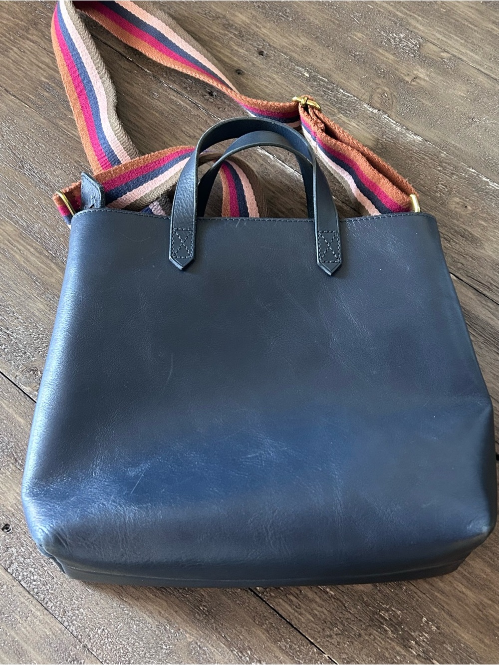 Madewell Classic Navy Blue Leather Tote with Striped Adjustable Strap